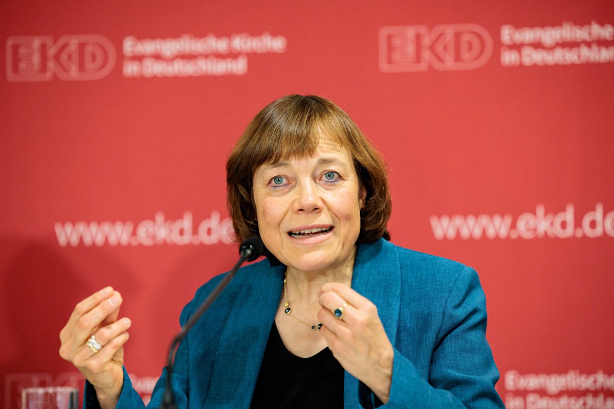 Die Ratsvorsitzende der Evangelischen Kirche in Deutschland (EKD) Annette Kurschus spricht bei einer Pressekonferenz der 3.Tagung der 13. Synode der EKD