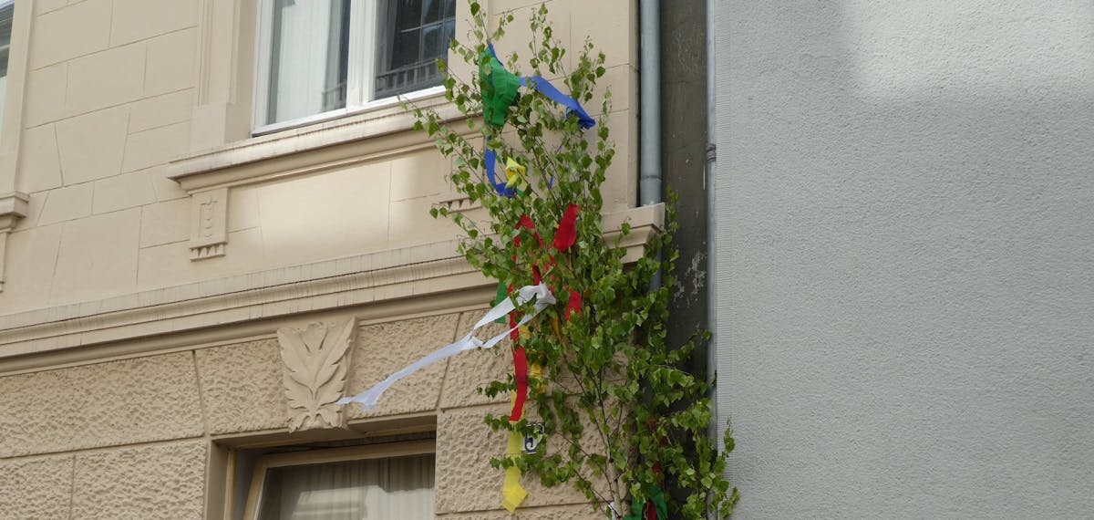 Ein geschmückter Maibaum vor einem Haus